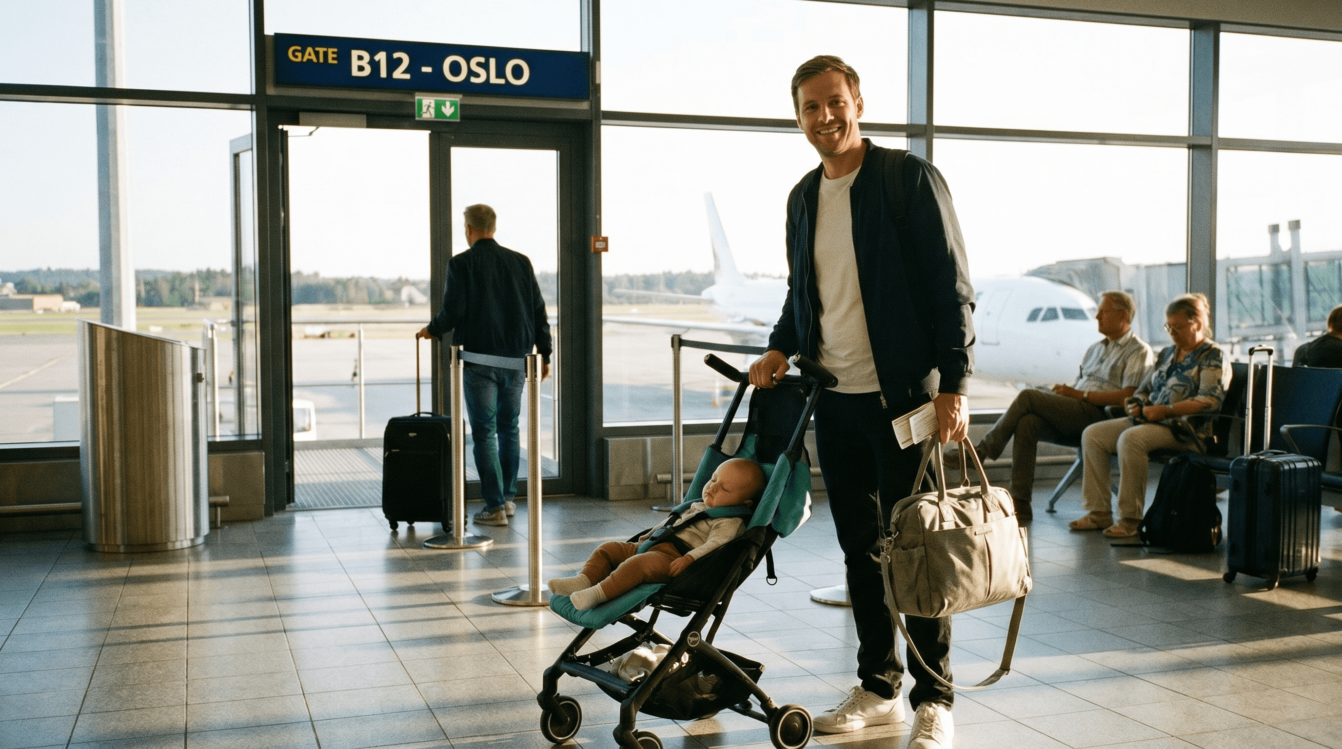 Far med en sammenleggbar reisevogn ved en flyplass-gate