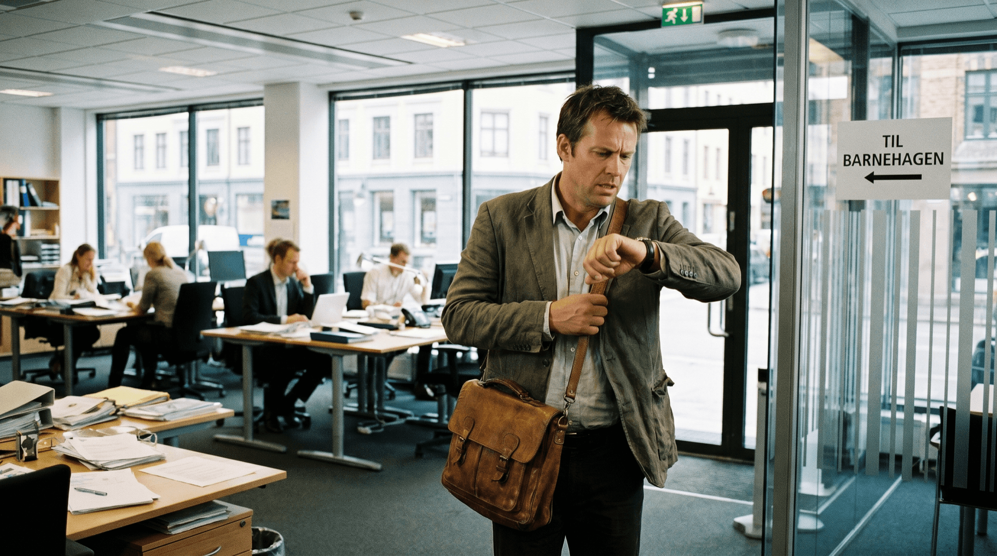 Far forlater kontoret og ser på klokka på vei til barnehagehenting