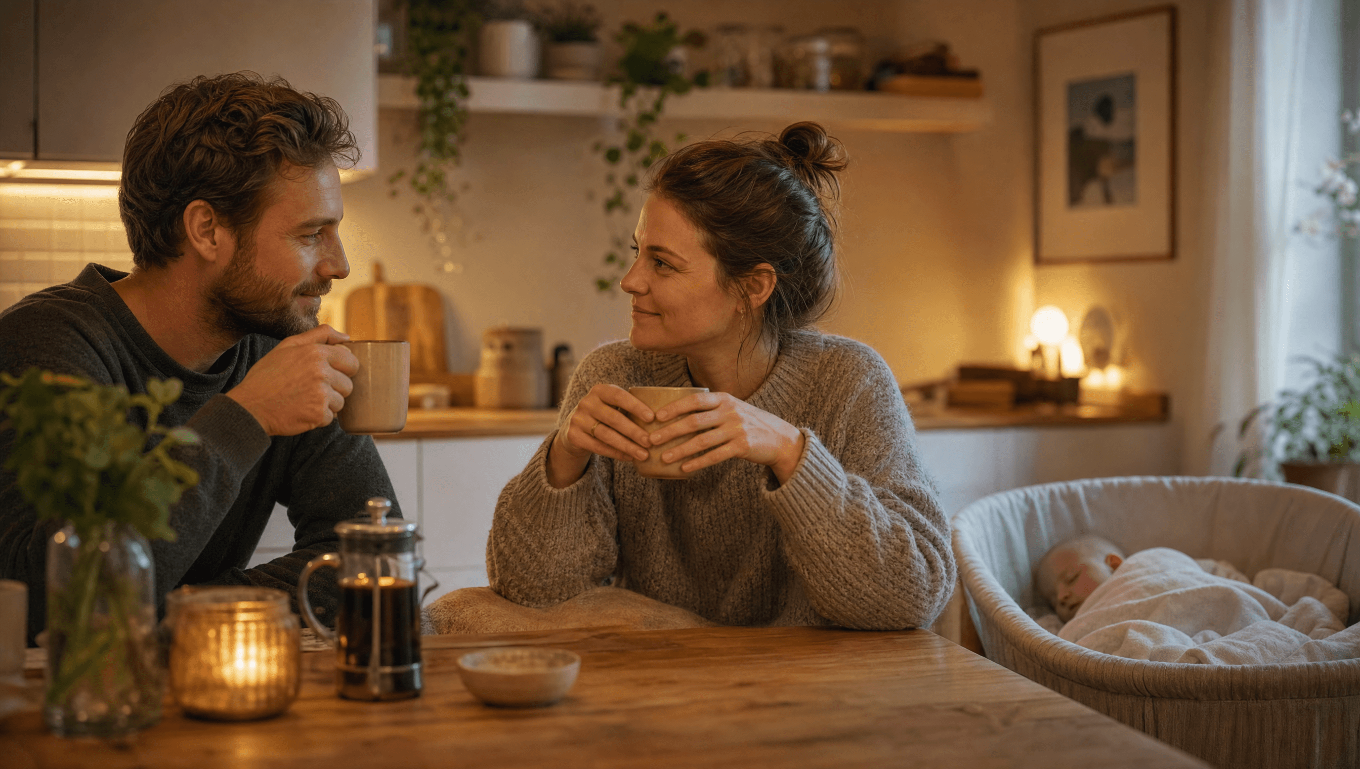 Et foreldrepar tar en kaffestund ved kjøkkenbordet mens babyen sover