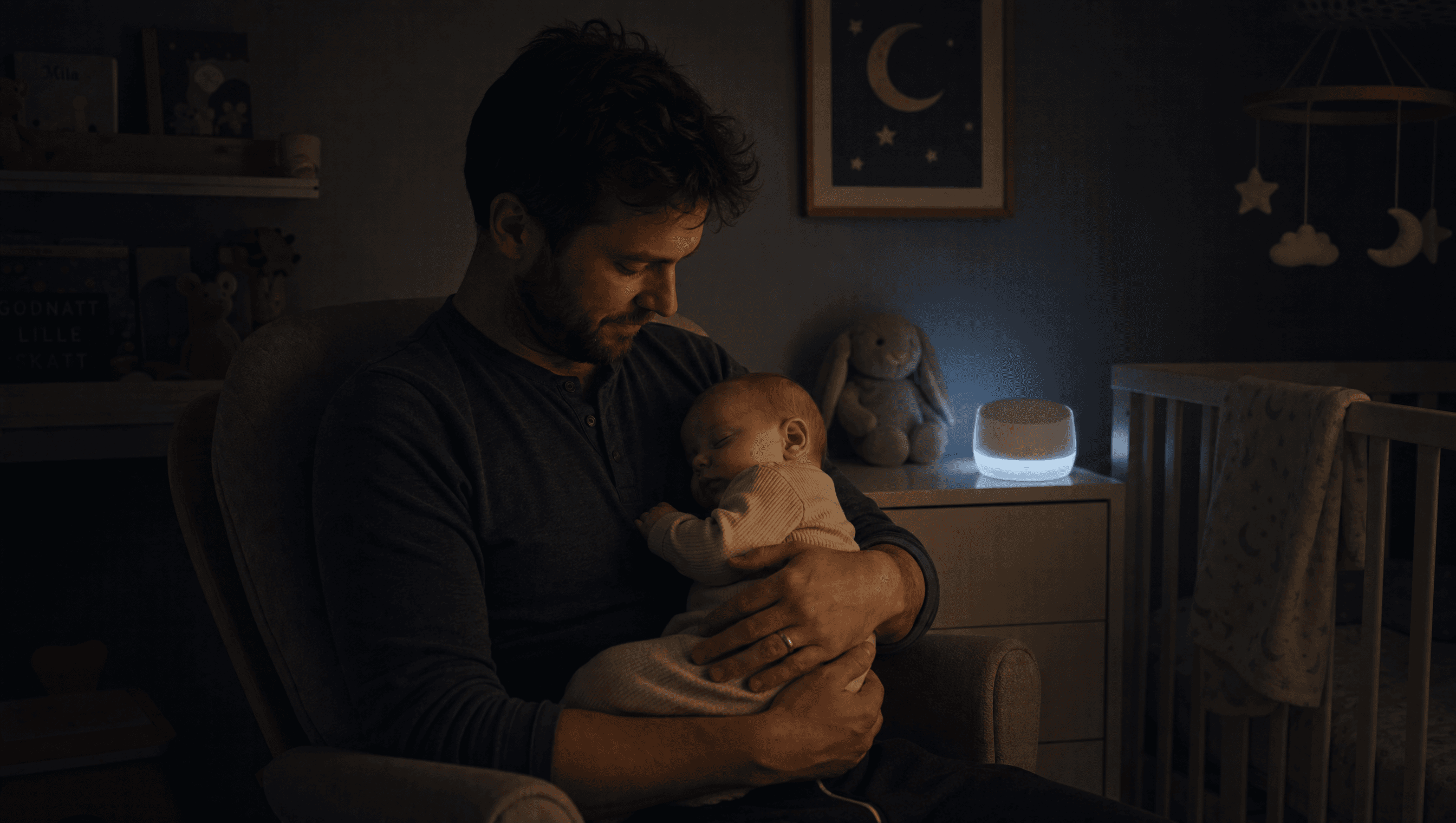 Far vugger en baby i et mørkt barnerom med svakt nattlys