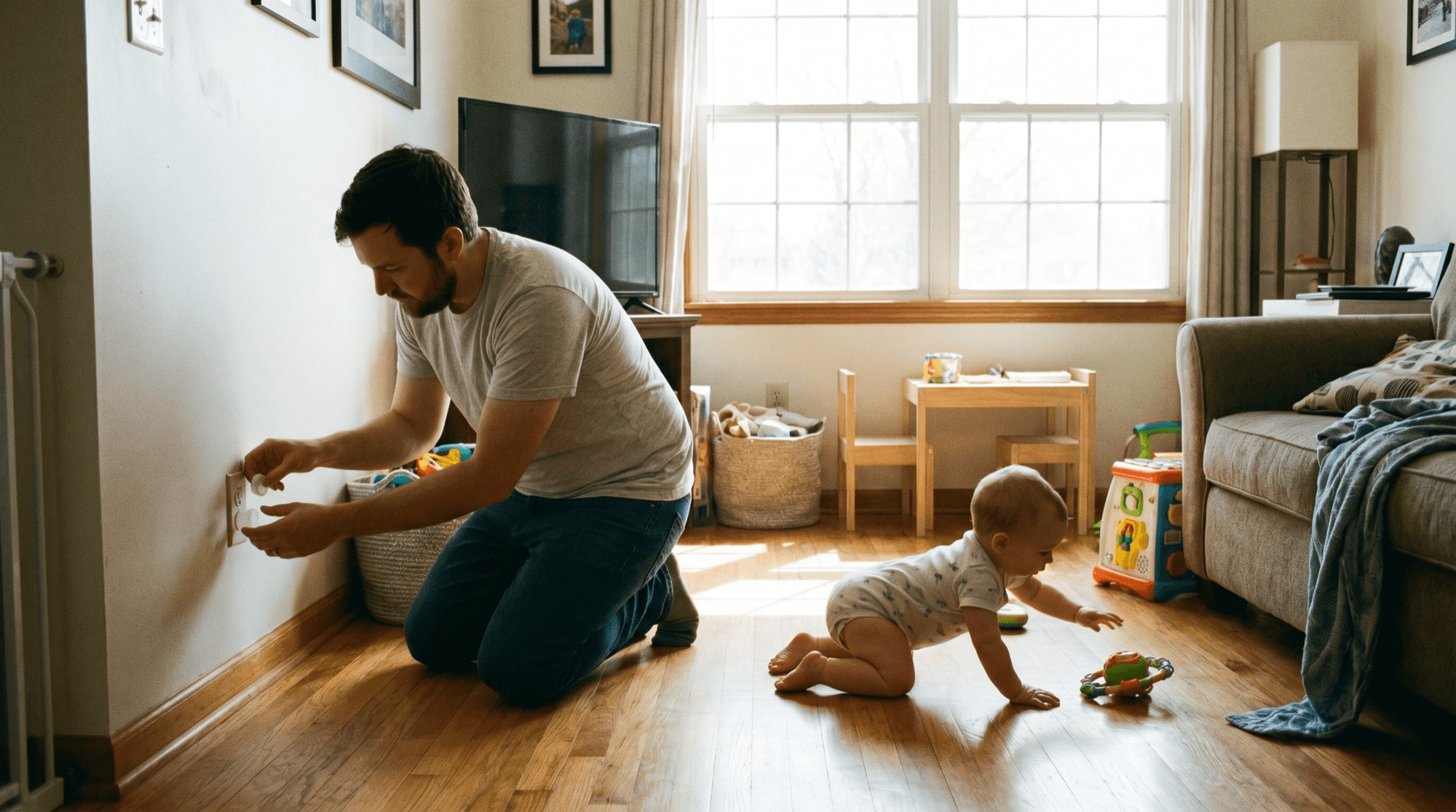 Far barnesikrer stua og dekker en stikkontakt mens en baby krabber